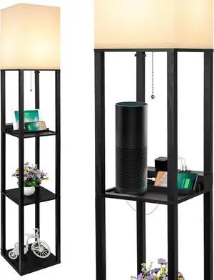 SHINE HAI 3-in-1 Shelf Floor Lamp with 1 USB&Type C&1 AC Outlet, 3-Tiered LED Bedroom Lamp, Shelf & Storage Combination Modern Standing Light