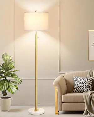 UpgradedDimmable Gold Floor Lamps for Living Room, 11W LED Bulb Included, Modern Standing Lamp with Marble Base, Tall Pole Light with White Linen Shade for Bedroom Reading Office Corner Nursery