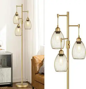 Torondo Dimmable Floor Lamp, Industrial Floor Lamps for Living Room, Gold Tree Lamp Standing Lamp Tall Lamps with 3 Elegant Teardrop Cage Head & 800 Lumens LED Bulbs for Living Room Bedroom Office
