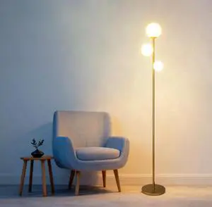 Fiqevs 3 Globe Mid Century Modern Floor Lamp for Living Room, Gold Standing Lamp with Frosted Glass Shade and 3x2700K Warm LED Bulbs, Vintage Retro Tall Lamps for Bedrooms, Office - Antique Brass