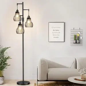 Dimmable Floor Lamp, 3 x 800LM LED Edison Bulbs Included, Farmhouse Industrial Floor Lamp Standing Tree Lamp with Elegant Cage Tall Lamps for Living Room Bedroom Office - Black