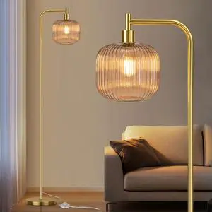 QiMH Glass Floor Lamp for Living Room, Modern Standing Lamp with Ribbed Champagne Glass Lampshade Pedal Switch, 67 Tall Lamp for Bedroom Study Room, Brushed Gold (2700K LED Bulb Included)