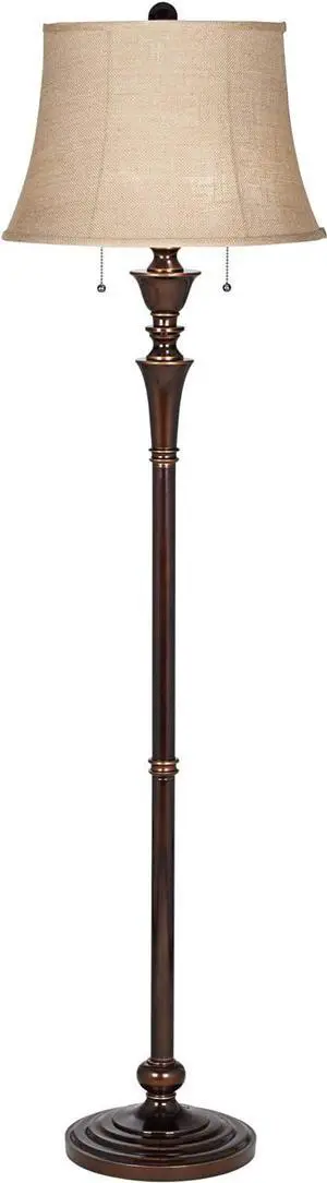 Regency Hill Brooke Traditional Standing Floor Lamp 60" Tall Rich Bronze Copper Accents Metal Column Brown Burlap Modified Bell Shade for Living Room Reading House Family Bedroom Home