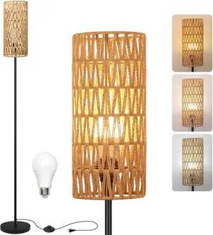 Floor Lamp for Living Room,Farmhouse Rattan Floor lamp,Modern Standing lamp with 3 Color LED Bulb,Black Tall Lamp with Foot Switch