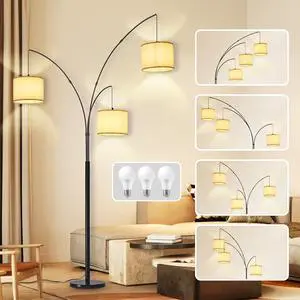 DLLT Modern Floor Lamp for Room: 3-Light Black Tree Dimmable Floor Lamps with Beige Shades for Living Room - Arc Standing Lamp for Bedroom - Tall Floor Lamp for Office Corner 3 LED Bulbs Included