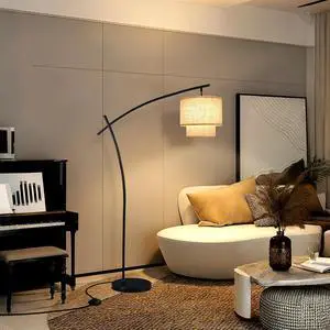 Lightdot Arc Floor Lamp for Living Room, Modern Standing Tall Lamps with Double Linen Lampshade, Tall Hanging Pole Lamp with Stable Metal Base & Foot Switch for Bedroom Home Office-Black