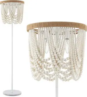 VILUXY Bohemia Wood Beaded Boho Floor Lamp - Antique Rustic White Finishing for Bedroom, Nursery, Dining, Girl Room - 3-Light