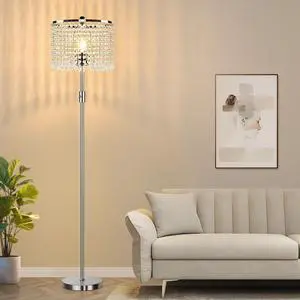 Upgraded Dimmable Floor Lamps for Living Room, 1000LM LED Bulb Included, Standing Lamp with Crystal Lampshade, Tall Silver Pole Light for Bedroom Nursery Office Corner Reading