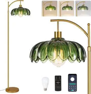 Gold Floor Lamps for Living Room,Glass Floor Lamp with Remote Control & Green Lampshade,Arc Flower Floor Lamp Dimmable Mid Century Modern Standing Lamp Vintage Brass Tall Lamp For Bedroom Corner