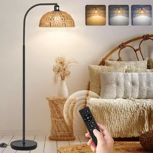 Rattan Floor Lamp- Boho Standing Lamp with Remote Control and Dimmable Bulb, Hand-Worked Adjustable Rattan Shades, Black Farmhouse Tall Lamp, Boho Arc Floor Lamps for Living Room, Bedroom, Office