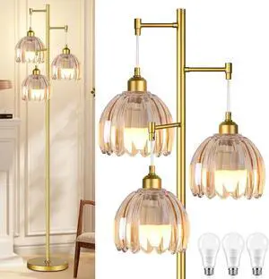 Gold Floor Lamps for Living Room Bedroom-3 Light Glass Floor Lamp with Three Led Bulb, Rustic Tall Floor Lamp Gold Standing Lamp Tree Floor Lamps for Living Room Bedroom,Office,Corner