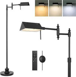 Dimmable Pharmacy Floor Lamp with Remote, 15W LED Reading Floor Lamp with 360°Swing Arm, 3 Color Temperature, Height Adjustable Black Standing Task Lamp for Living Room, Bedroom, Black