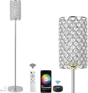 Crystal Floor Lamp with Remote Control, Smart Modern Silver Floor Lamps for Bedroom, Living Room, Crystal Standing Lamp Silver Home Décor, LED Bulb Included