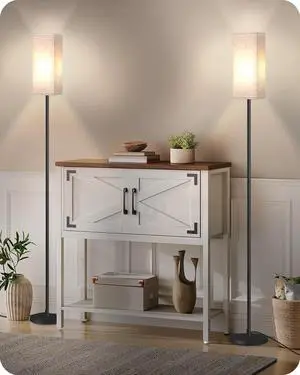 2 Pack Floor Lamp, Pole Lamp with Foot Switch, Modern Standing Lamp Lampshade, Minimalist Freestanding Lamp (Bulb Not Included), for Living Room, Bedroom Office, Black and Beige E07LDP205