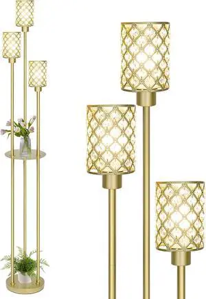 Gold Floor Lamps for Living Room, Standing Floor Lamp with Shelves, Tall Lamp with Table, Modern Mid Century Floor Lamp with E26 Base, Coner Crystal Floor Light for Bedroom (Without Bulb)