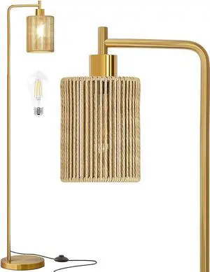 Oneach 66" Gold Floor Lamp for Living Room, Boho Floor Lamp with LED Bulb, Foot Switch, Rattan Shade, Industrial Tall Farmhouse Standing Lamp for Bedroom, Dining Room, Study Room, Office