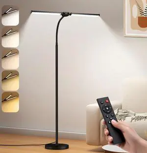LED Floor Lamp for Living Room, Bright Reading Lamps for Office, Adjustable Colors Temperatures&Brightness, Dual Head Gooseneck Standing Lamp, Remote and Button ControlEye-Caring Tall Lamp, Black