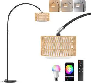 Arc Floor Lamp with Remote Control, Dimmable LED Floor Light with 3 Color Temperature, Black Standing Lamp with Rattan & Fabric Double Drum Shade, Boho Farmhouse Tall Floor Lamp for Living Room