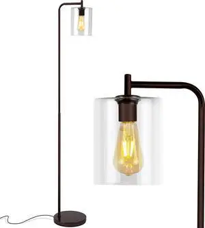 Brightech Elizabeth LED Floor lamp, Tall Lamp with Glass Shade & Edison Bulb, Industrial Lamp for Living Rooms & Offices, Vintage Standing Lamp for Bedroom in Farmhouse or Rustic Style - Bronze