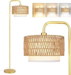 PARTPHONER Gold Floor Lamp for Living Room, Farmhouse Tall Lamp with 3 Color Temperatures Remote & Dimmable Bulb, Boho Lamp Rattan and Fabric Shades Bedroom Study Room Office Hotel