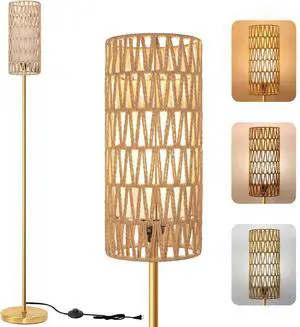 Floor Lamp for Living Room,Farmhouse Rattan Floor lamp,Modern Standing lamp with 3 Color LED Bulb,Gold Tall Lamp with Foot Switch
