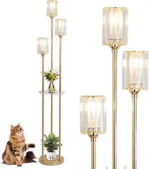 HMVPL Gold Floor Lamps for Living Room, Modern Floor Lamp with Shelves, Crystal Standing Lamps with Table, Brass Tall Lamp with Crystal Shade, On/Off Switch, Mid Century Corner Floor Lamp for Bedroom
