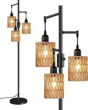 Dimmable Floor Lamp, Farmhouse Tall Standing 70.3" Tree Lamp with 3 Rope Woven Lampshades, Boho Rattan Floor Lights, 4W 3 LED Bulbs Included, for Living Room, Bedroom, Study, Office B03LD05