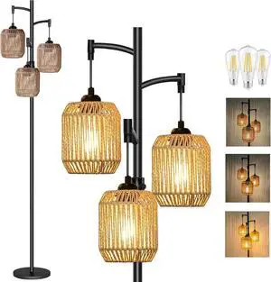 Boho Floor Lamps for Living Room, 65'' Dimmable Farmhouse Rattan Standing Lamp with LED Bulbs, 3 Light Tree Rustic Tall Lamps for Bedroom, Office, Rotary Switch