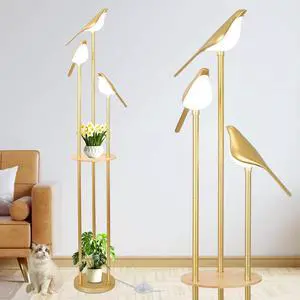 Gold Floor Lamps for Living Room, Modern Floor Lamp with Shelves, Mid Century Standing Lamp with 3 Adjustable LED Bird Lights, Corner Tall Lamp with Table, Brass Stand up Lamp for Bedroom Kids Room