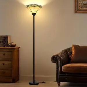 Seaside village Tiffany Floor Lamp, Torchiere Standing Lamp with Stained Glass Shade, Vintage Tall Pole Lamp with Foot Switch, Decorative Corner Light for Living Room Bedroom Home Office(E26 Base)
