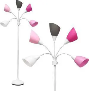 Simple Designs LF2006-WPG 67" Contemporary Multi Head Medusa 5 Light Adjustable Gooseneck White Floor Lamp with Pink, White, Gray Shades for Kids Bedroom Playroom Living Room Office, 30 x 10 x 67