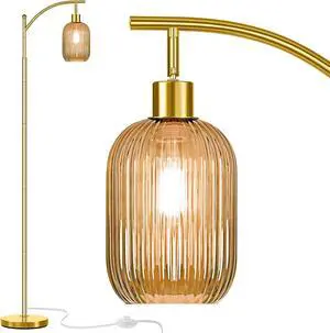 Glass Floor Lamp for Living Room, Modern Gold Standing Lamp with Ribbed Glass Lampshade Pedal Switch, 67 Tall Lamp for Bedroom Study Room