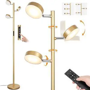 Gold Floor Lamp for Living Room with Remote Modern Tall Standing Lamp Dimmable LED Brass Tree Floor Lamps with 3 Adjustable Heads Touch Control 4 Color Temperatures for Bedroom Office Reading