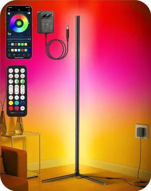 Corner Floor Lamp, Modern LED Corner Lamp with AC Adapter & APP & Remote Control, 16 Million Colors, 68+ Scene Modes, Music Sync, Ambient Lighting for Living Room, Bedroom, and Gaming Room