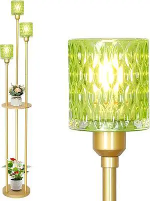 HMVPL Vintage Floor Lamp with Shelves, Gold Floor Lamp with Table, Mid Century Standing Lamp with Green Glass Shade, On/Off Switch, Boho Corner Lamp for Living Room, Brass Tall Lamp for Bedroom Office