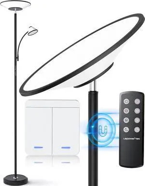 LEPOWER-TEC Bright Floor Lamp, Standing Lamp with Remote & Wall Switch, 60 Lighting Effects, Adjustable Torchiere Corner Light for Living Room, Bedroom, Office. Perfect for Reading & Ambiance