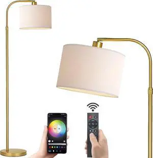 Gold Floor Lamp with Remote Control, 1200 Lumens Adjustable Height Dimmable Arc Floor Lamp for Living Room, Modern Gold Standing Lamp for Bedroom, Office, LED Smart Bulb Included