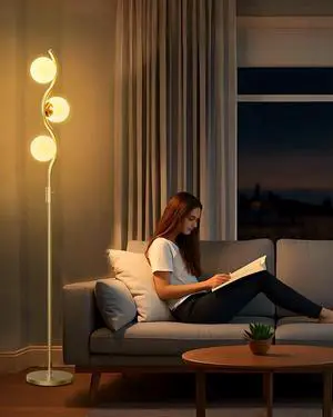 60IN Dimmable Gold Globe Floor Lamp, Modern Standing Lamps with 3 Soft Warm White 3000K Bulbs, Mid Century Floor Lamp for Living Room Bedroom Home Decor