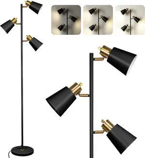 Tree Floor Lamp for Living Room, Industrial 3-Light Standing Lamp with 3 LED Bulbs, Adjustable Rotation Heads, Standing Tall Pole Lamp Farmhouse Rustic Reading Lamps for Bedroom Office (Black Gold)