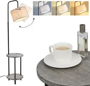 ELYONA Solid Wood Floor Lamp - Rustic Side Table Lamp for Bedroom & Living Room - Mid Century Modern Floor Lamp with 3 Color Temperatures LED Bulb - Industrial Tall Pole Reading Standing Light - Grey