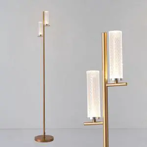 Fiqevs Crystal Floor Lamp for Living Room, Modern Cylinder Standing Lamp with Two Crystal Lampshade and 3000K LED Lights, Cute Gold Corner Tall Lamps for Bedroom, Office - Antique Brass