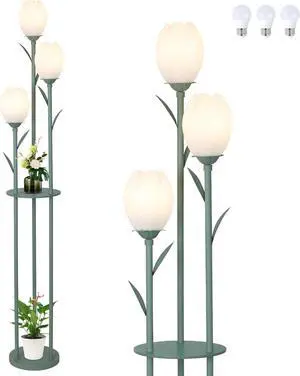 3-Light Flower Floor Lamps for Living Room, Green Floor Lamp with Shelves, Unique Tulip Standing Lamp with 3 LED Blubs, Cute Floral Tall Lamp, Modern Stand Up Light Decor for Bedroom, Kids Room