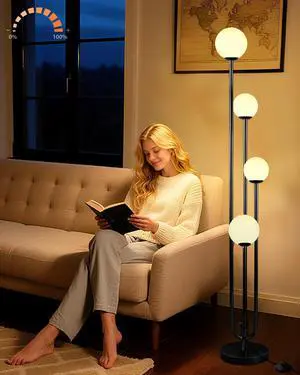 Lightdot Black Globe Floor Lamp 4-Lights Dimmable Floor Lamps with Tray 3000K Bulbs Included Unique Candle Standing Lamp for Living Room/Bedroom