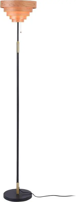O'Bright Cascade Floor Lamp  Modern Wooden Layered Lampshade, E26 Socket, Pull Chain Switch, Metal Base, Standing Lamp for Living Room, Bedroom, Office, Black
