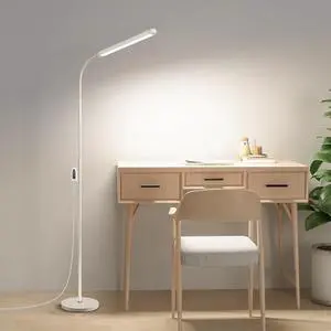 White LED Reading Floor Lamp, Bright 12W Dimmable Standing Light, Adjustable Gooseneck,3 Color Temperatures 5 Gears Brightness, Living Room Bedroom office Library Work makeup tattoo lash Desk Lamp
