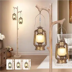 Scenekoy Vintage 68 Tall Floor Lamp with Lanterns, Retro Standing Lamp Tree Trunk Finish & Resin Body, Rustic Dimmable Corner Lamp Stand Up Light with Bulb Prefer for Living Room Bedroom Home Decor