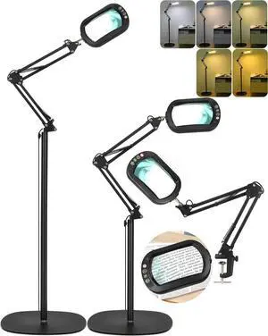 10X Rectangle Magnifying Glass with Light and stand, 5*3 Inch Real Glass 5 Color Modes Stepless Dimmable Arm Swing LED Floor Lamp, 3-in-1 Large Lighted Magnifier for Reading Painting Craft Close Work