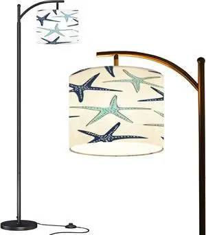Arc Floor Lamp Coastal nautical starfish repeat pattern Navy blue turquoise white Modern Tall Standing Lamp Dimmable with Remote Adjustable Drum Shade Footswitch for Living Room Bedroom Office