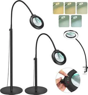 Drdefi 10X Magnifying Floor Lamp with Light, 24" Flexible Gooseneck Standing Magnifying Glass, 3-in-1 LED 5 Color Modes Stepless Dimmable Lighted Magnifier Lamp Hands-Free for Close Work, Reading