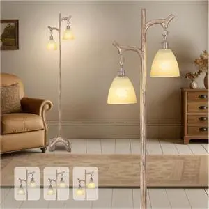 68" Farmhouse Floor Lamp with Glass Shade for Living Room, Vintage Standing Lamp for Bedroom, Rustic Floor Lamp Stepless Dimmable Tree Trunk Tall Lamp for Home Room Office Decor (Bulb Included)